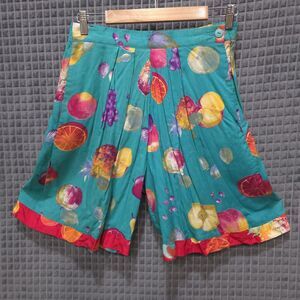 VTG Pleated Long Shorts 6/28W 80s Fruit Teal Colorful Culotte Maximalist Beach